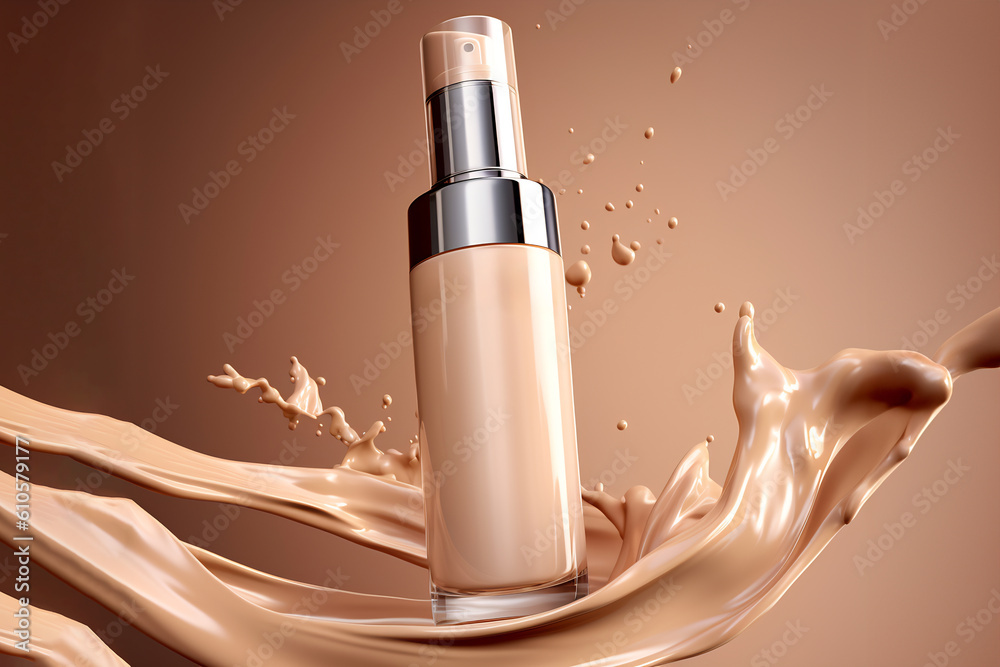 Bottle of makeup foundation and samples on beige background. Cosmetic ...