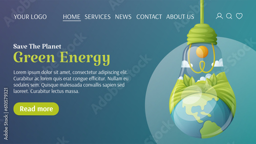 Light bulb with Earth and landscape, text green energy, template for website. The concept of ecology, save the planet, protect the environment. Vector illustration. For banner, poster, advertising.