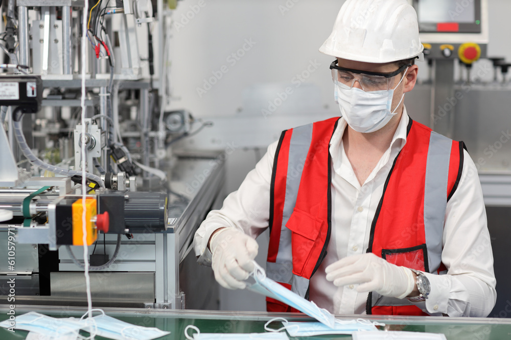 Caucasian mechanic technician maintenance or PPE inspecting quality of mask and medical face mask production line in factory, manufacturing industry and factory concept. Caucasian mechanic technician maintenance or PPE inspecting quality of mask and medical face mask production line in factory, manufacturing industry and factory concept.