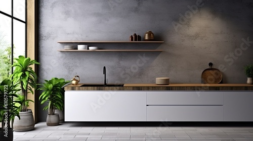Interior of a contemporary kitchen with gray walls, contemporary counters, and an integrated cooker and sink. Wall with white poster. a mockup Generative AI © 2rogan