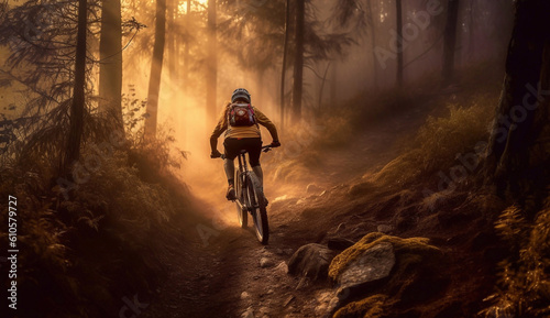 Mountain biking man riding on bike in summer mountains forest landscape in the sunshine, AI generative © Julia