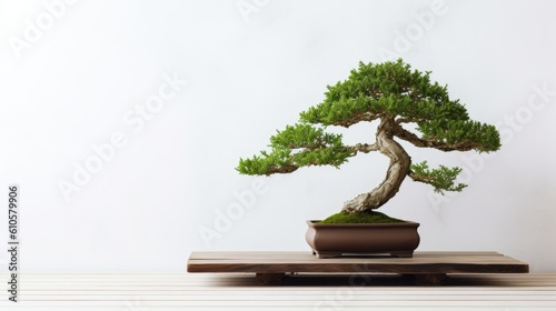 Bonsai tree on a wooden table in front of a white wall to represent or represent space. Generative AI