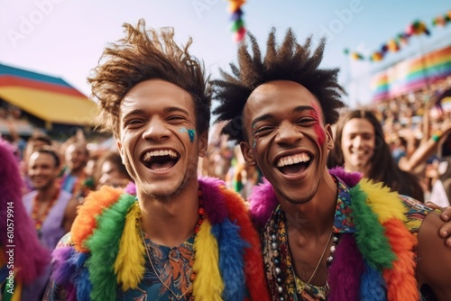 Happy 25-year-old gay couple smiling in rainbow clothes at Pride in São Paulo. Dancing to a live samba band. Surrounded by a sea of rainbow flags and colorful costumes.Generated with AI