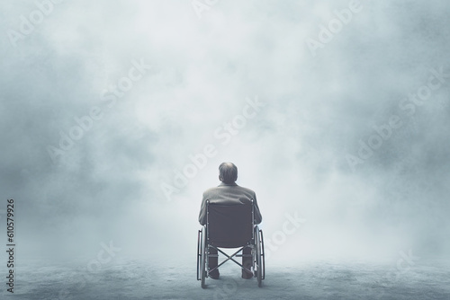 Man alone in a wheelchair in a contemplative mood. Generative AI