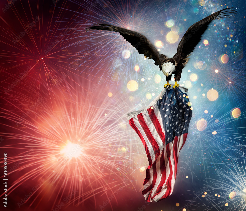 Eagle With American Flag Flies In The Fireworks With Bokeh Lights
