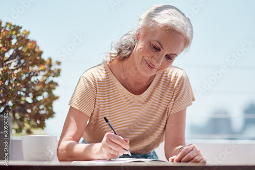 Photography Writing, book and a senior woman author sitting outdoor in summer for inspiration as a writer