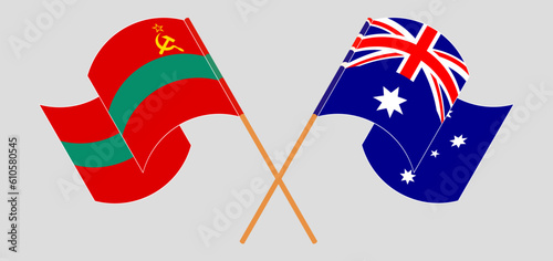 Crossed and waving flags of Transnistria and Australia