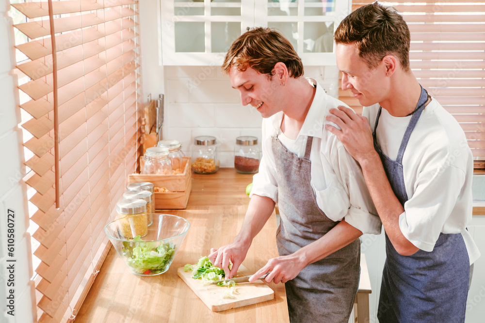 Happy caucasian gay couple making salad together One person used a knife to cut lettuce in front. And another person watching from behind in the kitchen at home. LGBT relationships. Gay couple concept