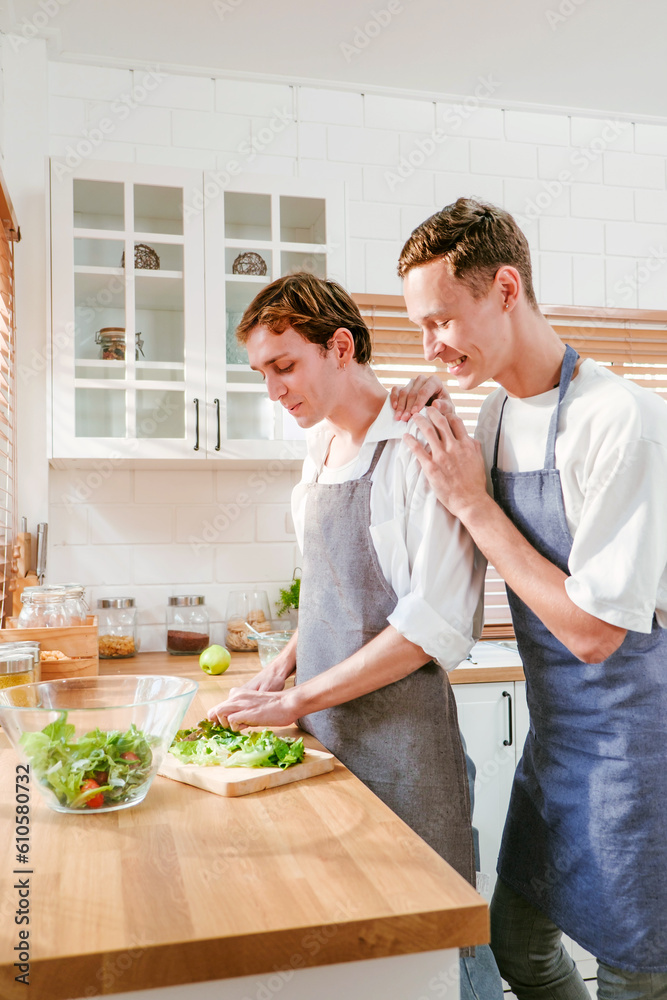 Happy caucasian gay couple making salad together One person used a knife to cut lettuce in front. And another person watching from behind in the kitchen at home. LGBT relationships. Gay couple concept Happy caucasian gay couple making salad together One person used a knife to cut lettuce in front. And another person watching from behind in the kitchen at home. LGBT relationships. Gay couple concept