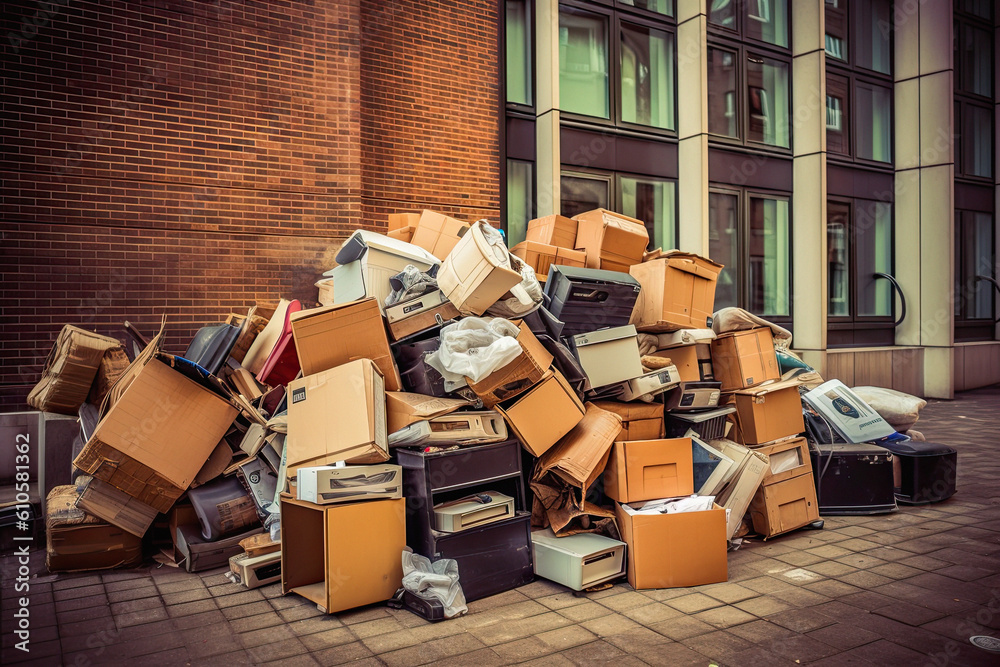 waste office rubbish ready for removal outside offices, garbage problem, Ai generative