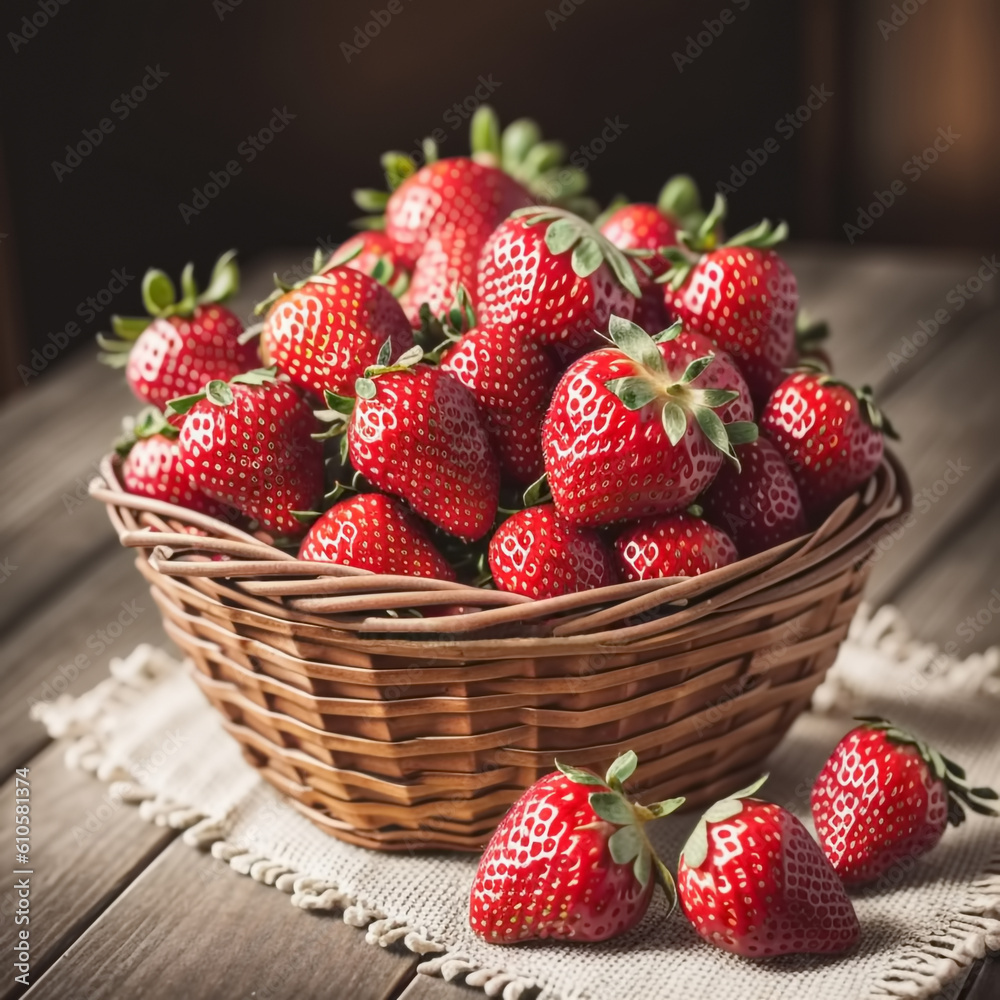 Strawberries in wooden basket. Generative AI Strawberries in wooden basket. Generative AI