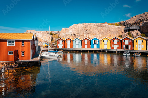 Print op canvas Colorful boathouses in Smögen on the Swedish West Coast