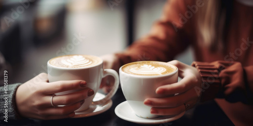 Two young women enjoy coffee at a coffee shop. Close up shot on the hands holding the cups
