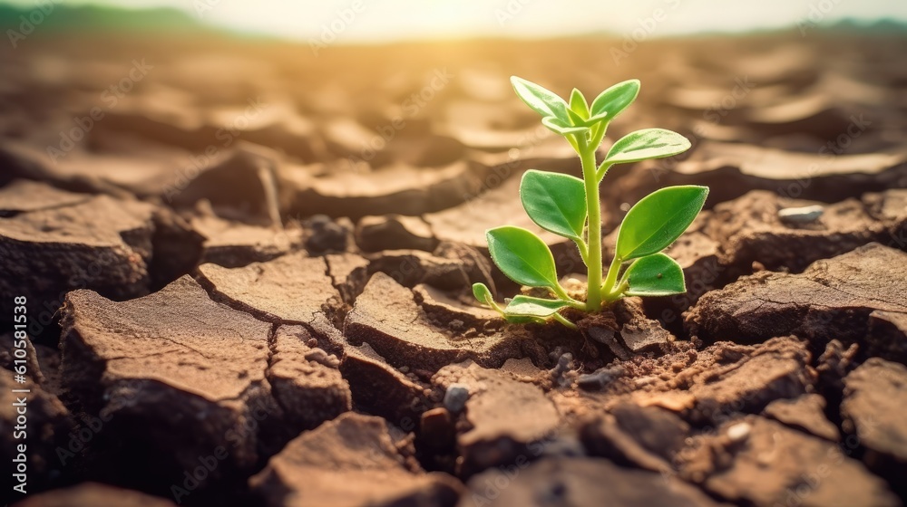 Green plant grow in middle dry cracked earth. Generative AI Green plant grow in middle dry cracked earth. Generative AI
