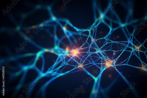 Glowing abstract digital neuron connections, Hologram human brain view photo