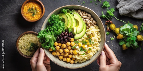 Woman hands holding vegan superbowl. Buddha bowl with hummus, vegetable, salad, beans, couscous and avocado.