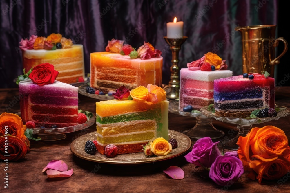 Rainbow cake on dark background ai generated