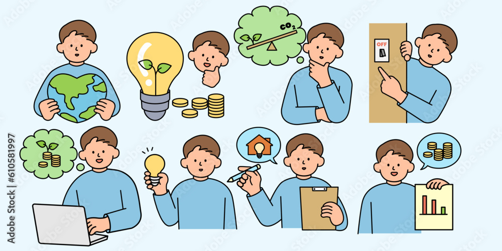 Fototapeta premium A Set of an Energy-Saving Man, Turning Off Lights, and Reducing Electricity Usage. Environment, Power and Saving Energy Concept. Cartoon Flat Vector illustration.
