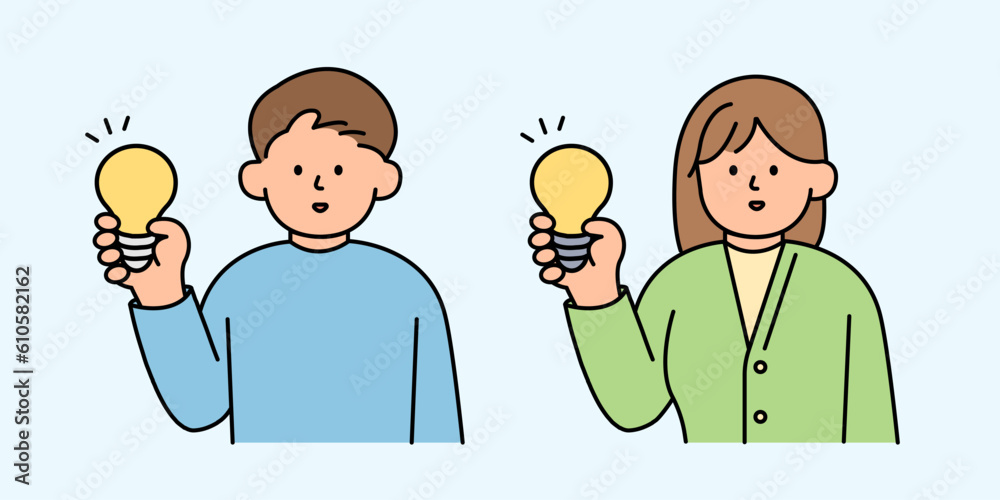 Man and Woman Holding a Light Bulb. Environment, Power and Saving Energy Concept. Cartoon Flat Vector illustration. Man and Woman Holding a Light Bulb. Environment, Power and Saving Energy Concept. Cartoon Flat Vector illustration.