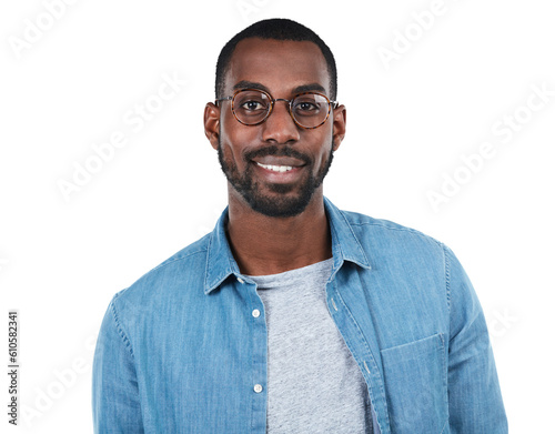 Young black man, face and smile with glasses isolated on transparent, png background for eye care or vision. Portrait of happy African model person with positive mindset, confidence and casual style