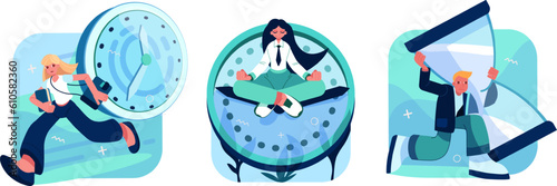 Set of young workers managing time. Young lady running, late to work. Calm female sitting on clock arrows in lotus position and resting. Time management concept. Flat vector illustration
