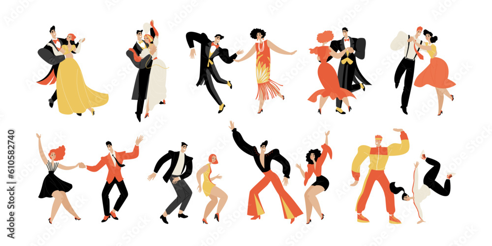 A set of dancing couples in historical costumes from different periods of the twentieth century. Retro characters A set of dancing couples in historical costumes from different periods of the twentieth century. Retro characters