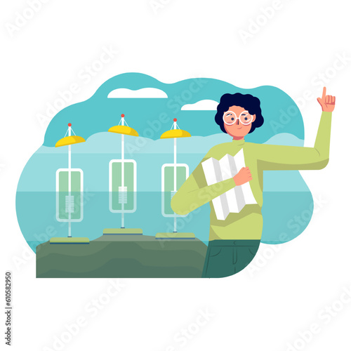 Young smiling lady standing near river and holding map. Measuring water level in river with special equipment. Engineer working at facility. Flat vector illustration in blue and green colors