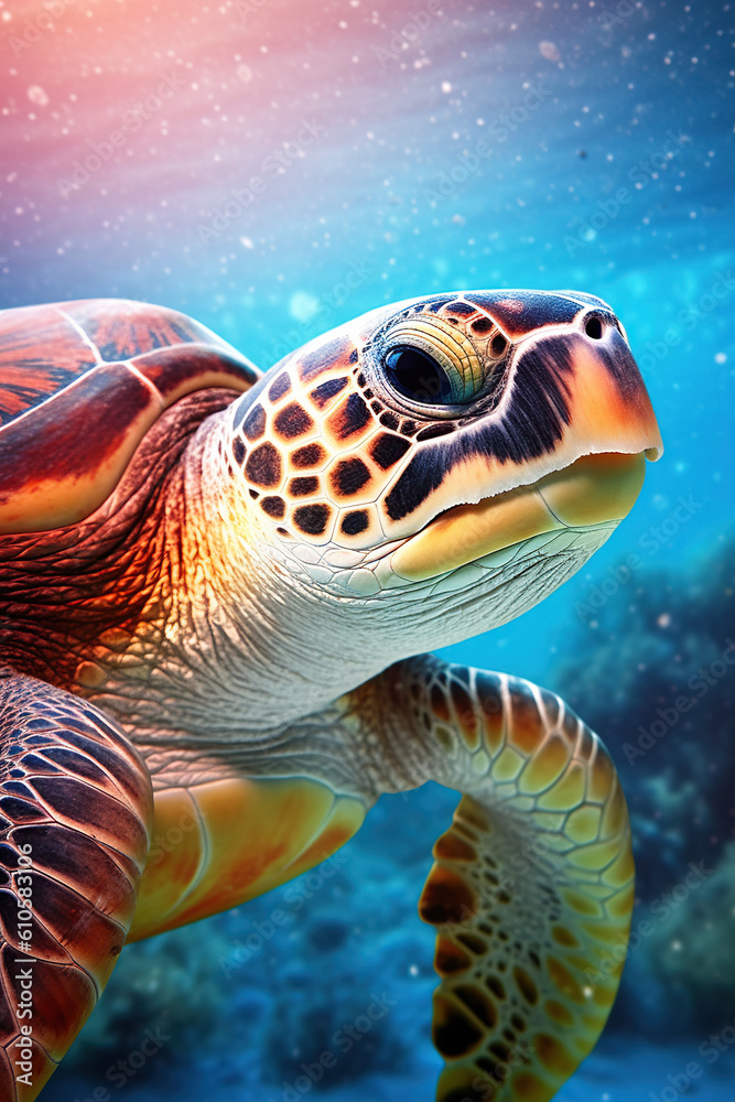 Fototapeta premium Sea turtle swims under water on the background of coral reefs. Generative AI