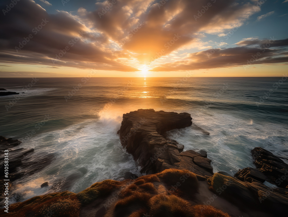 A beautiful coastal scene with clouds and the sun setting or rising.