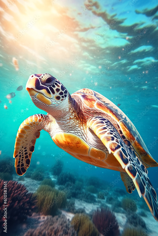 Obraz premium Sea turtle swims under water on the background of coral reefs. Generative AI
