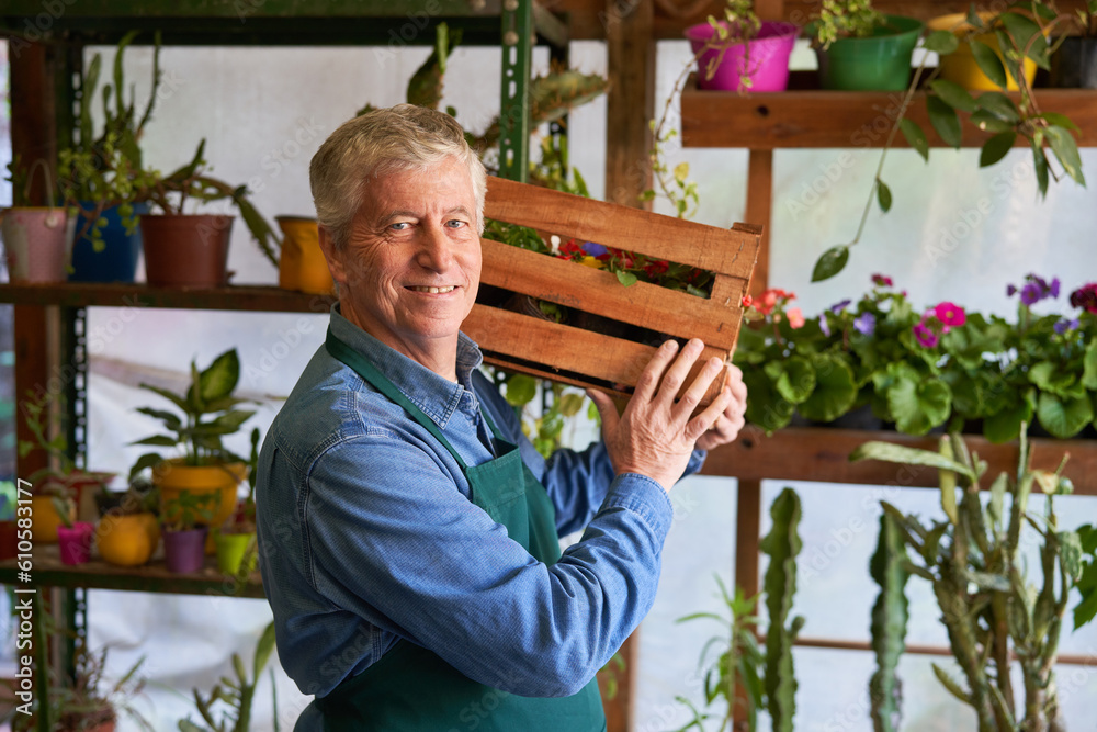 Gärtner trägt eine Kiste Blumen für den Versand Stock Photo Adobe Stock