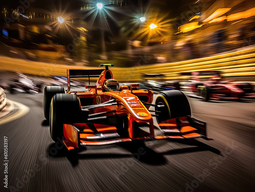 A formula one car races around the streets of an urban track at night.