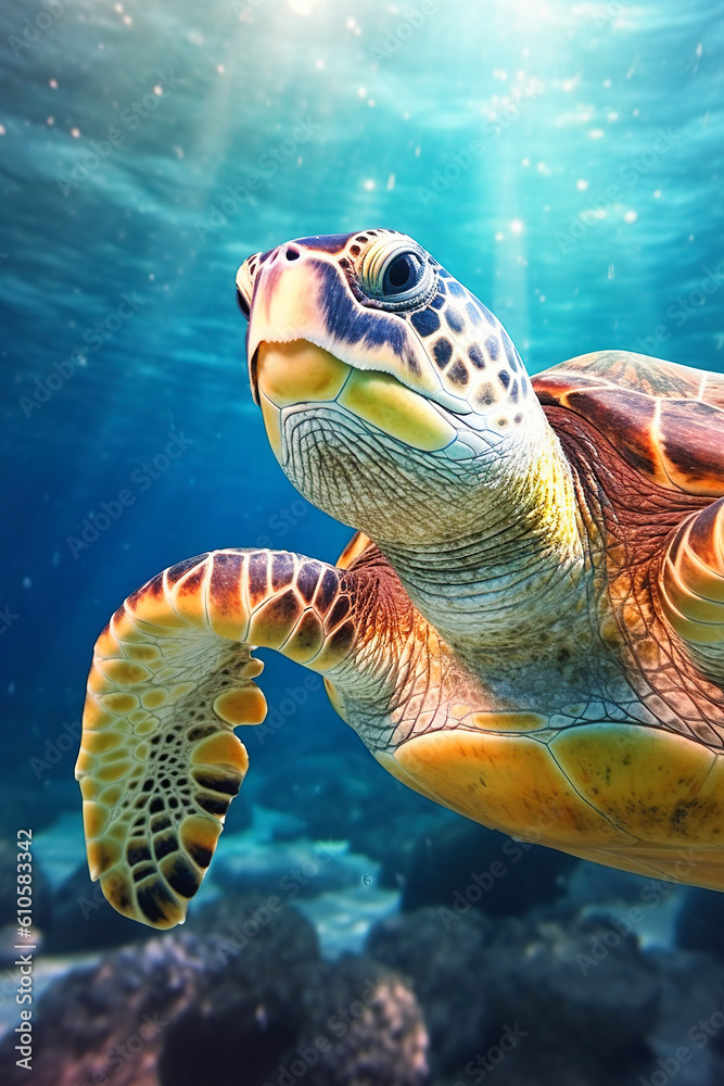 Fototapeta premium Sea turtle swims under water on the background of coral reefs. Generative AI