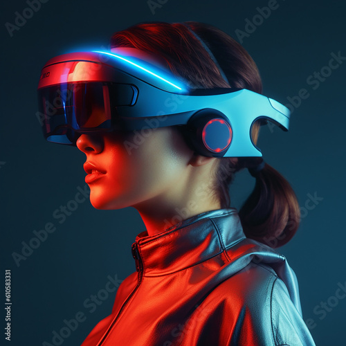 close up of a woman wearing vr glasses on black background,generative AI