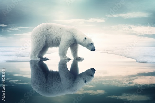 Polar bear standing on an ice floe with soft colors and cool tones. Generative AI