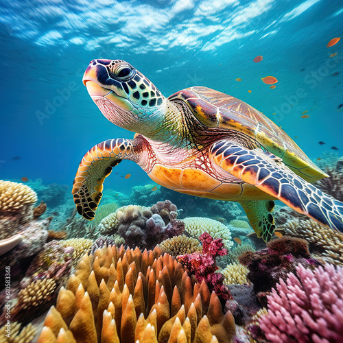 Sea turtle swims under water on the background of coral reefs. Generative AI © innluga