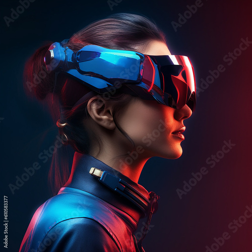 close up of a woman wearing vision pro or vr glasses on black background, generative AI