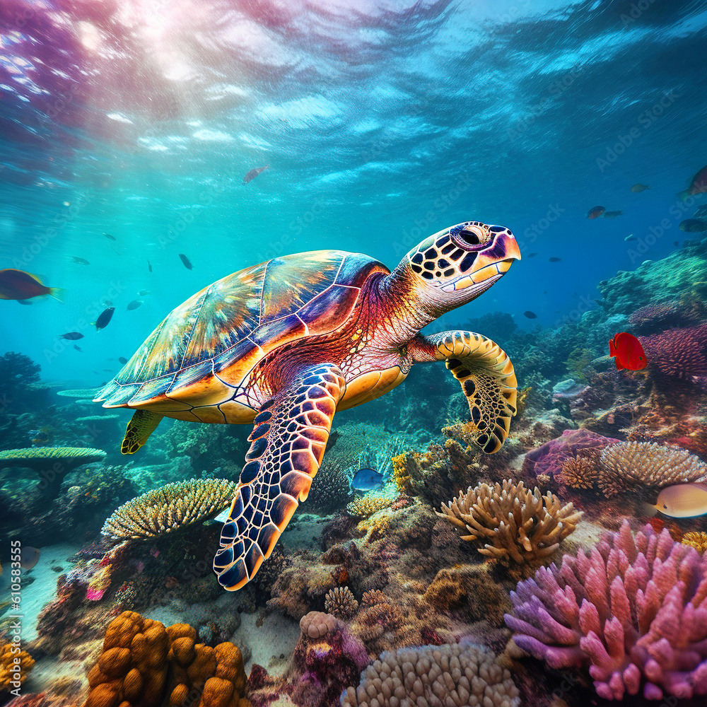 Sea turtle swims under water on the background of coral reefs. Generative AI