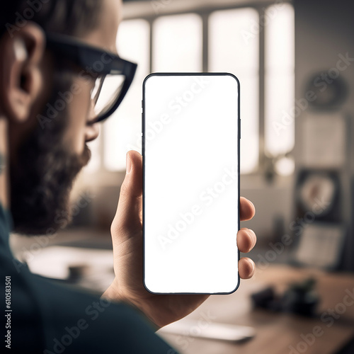 a man holding smart phone and interacting with its interface, close up on mockup screen,generative AI