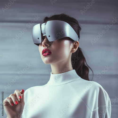 close up of a woman wearing vision pro or vr glasses ,generative AI