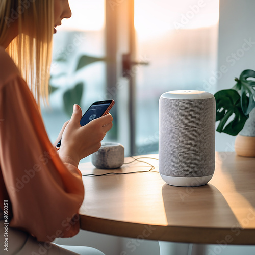 a woman using a voice-controlled smart speaker, home assistant, generative AI