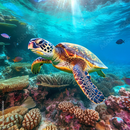 Sea turtle swims under water on the background of coral reefs. Generative AI © innluga