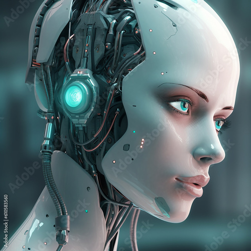 A side face of an woman artificial intelligence, like a human in white,generative AI