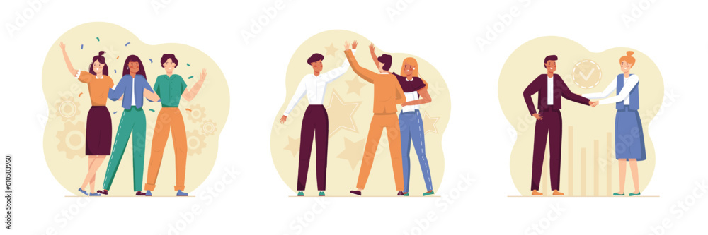 Set of different workers celebrate success at work. Young ladies dancing on party. Workers give high five to each other. Director shaking hand to employee. Business concept. Flat vector illustration