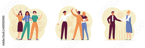 Set of different workers celebrate success at work. Young ladies dancing on party. Workers give high five to each other. Director shaking hand to employee. Business concept. Flat vector illustration