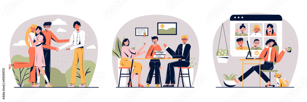 Set of friends spending time together outside, working in office, talking on video call. Friendship in different life situation concept. Flat vector illustration in cartoon style
