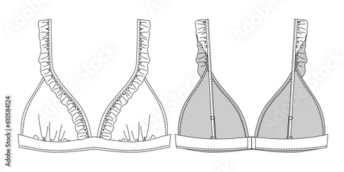 Woman triangle bikini technical drawing, template, sketch, flat, mock up. Recycled fabric swimwear front and back view, white color