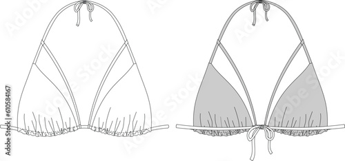 Woman triangle bikini technical drawing, template, sketch, flat, mock up. Recycled fabric swimwear front and back view, white color