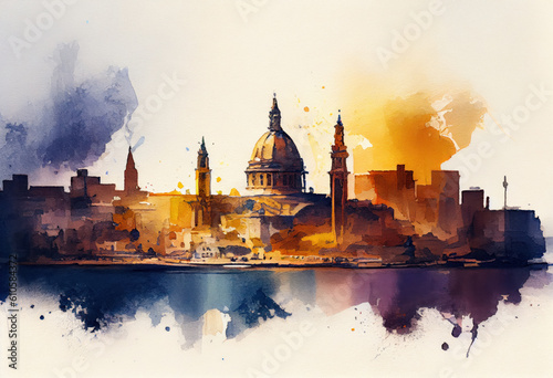 Beautiful view of the historic center of Malta, watercolor sketches. Generative AI.