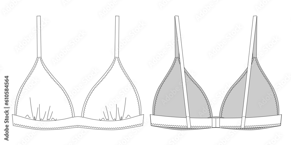 Woman triangle bikini technical drawing, template, sketch, flat, mock up. Recycled fabric swimwear front and back view, white color Woman triangle bikini technical drawing, template, sketch, flat, mock up. Recycled fabric swimwear front and back view, white color